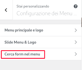 Configurazione del form cerca nel menu